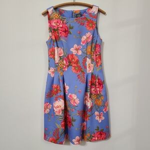 Vince Camuto Fit Flare Blue Dress Size 8 Floral Print Sleeveless Spring Pockets